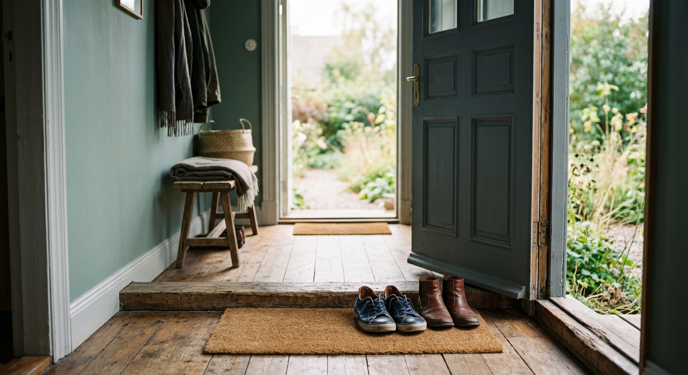 An open front door in early morning light, with a pair of shoes set by the doorway.