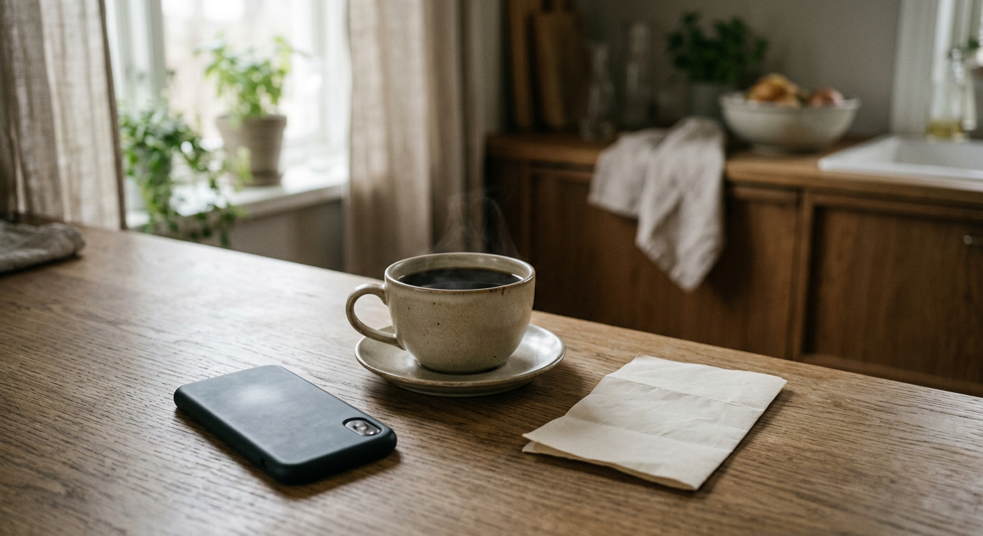 A phone resting face-down beside a cup of coffee on a kitchen counter in morning light.